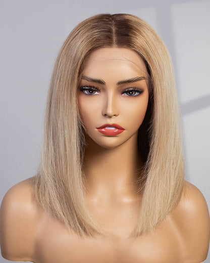 Eliza | 14" Ash Blonde With Brown Root Straight Human Hair Maxipart Swiss Lace Closure Wig - WB002