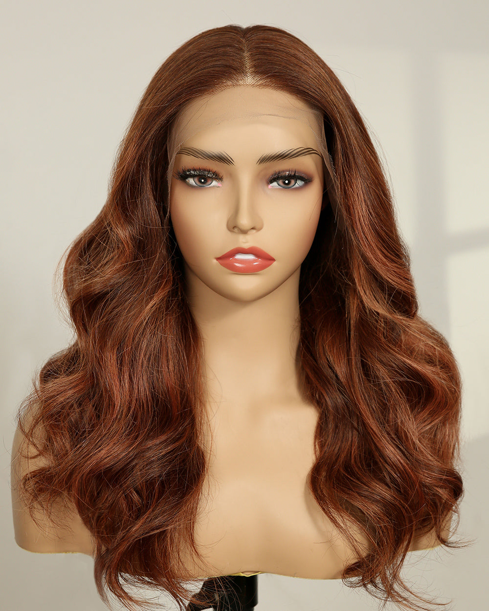 Delilah | 18" Auburn Brown with Ginger Highlights Wavy Human Hair Swiss Lace Front Wig - WW004