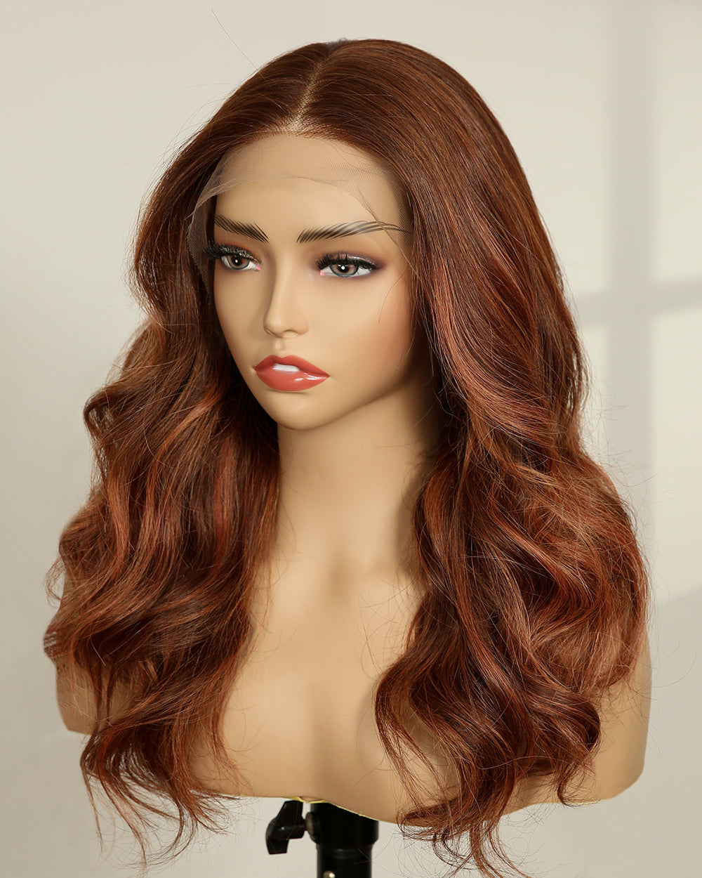 Delilah | 18" Auburn Brown with Ginger Highlights Wavy Human Hair Swiss Lace Front Wig - WW004