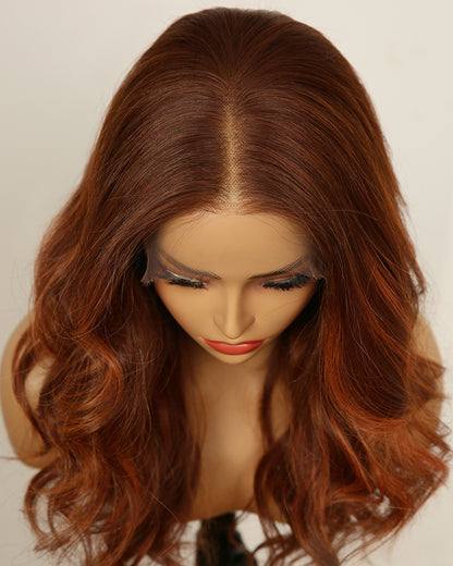 Delilah | 18" Auburn Brown with Ginger Highlights Wavy Human Hair Swiss Lace Front Wig - WW004