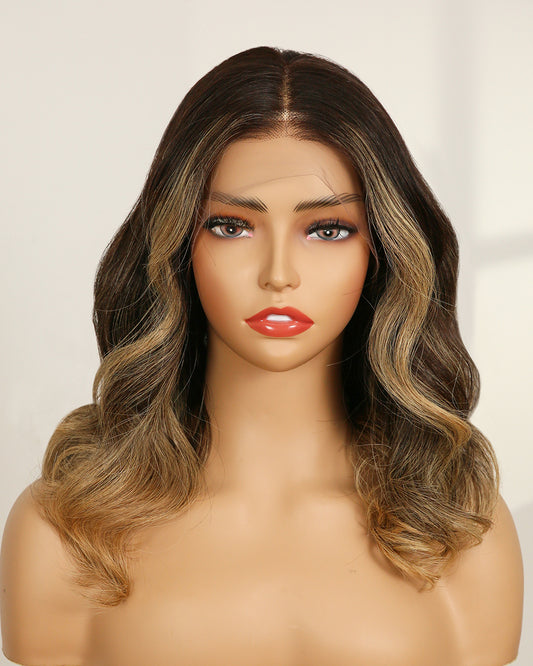 Rose | 14" Blonde With Dark Roots Wavy Human Hair Swiss Lace Closure Wig - WW002