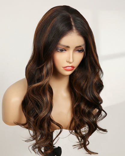 Hannah | 20" Brown Highlights Wavy Human Hair Maxipart Swiss Lace Closure Wig - WW003