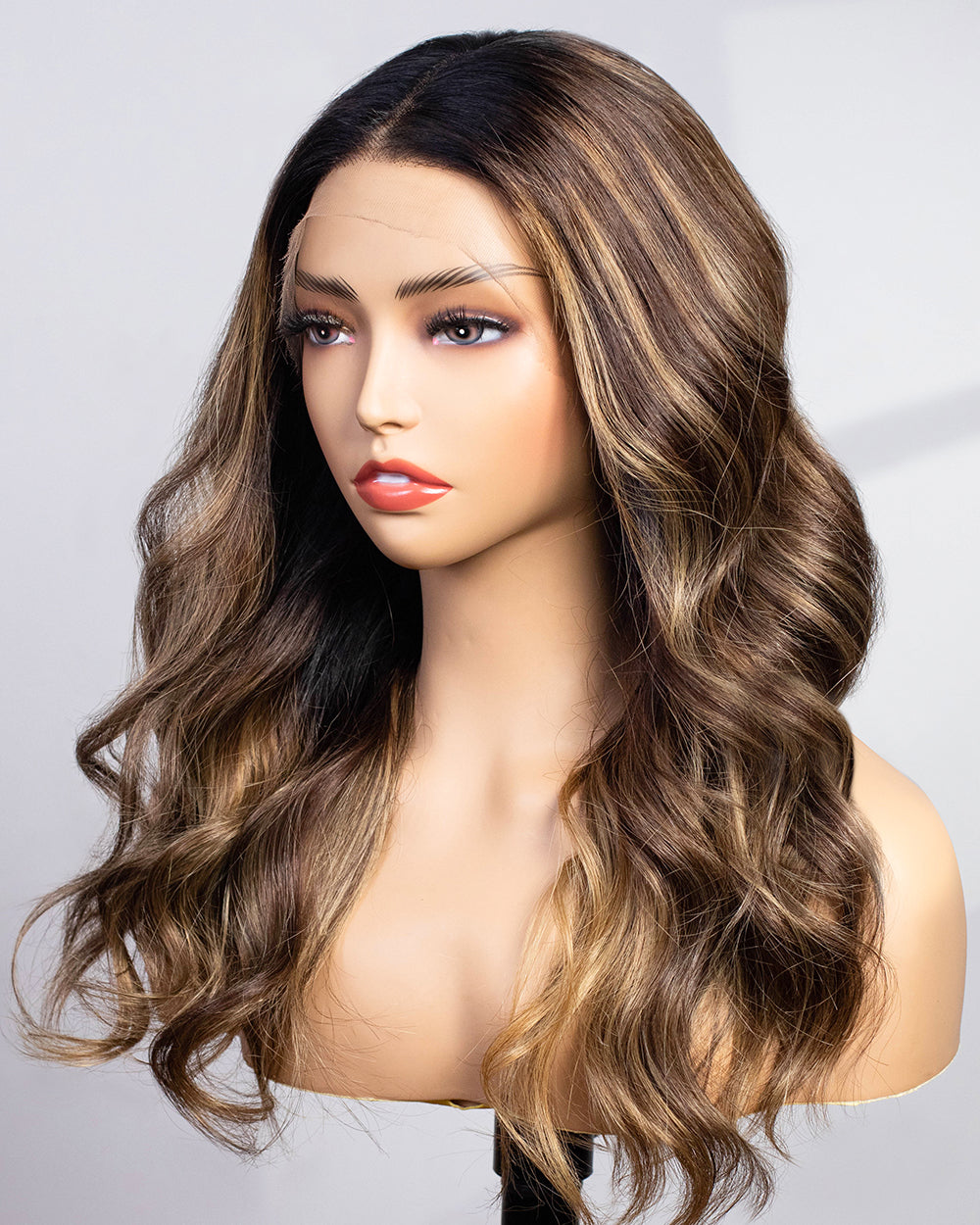 Thalia | 16" Brunette Brown with Blonde Highlights Wavy Human Hair Swiss Lace Front Wig - WW007