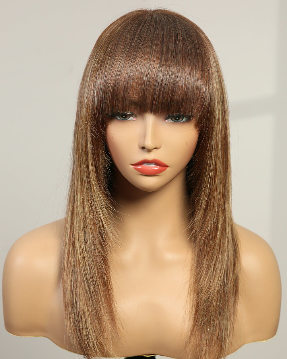 Margaret | 14" Caramel Brown with Blonde Highlights Layered with Bangs Swiss Lace Closure Wig - WS004