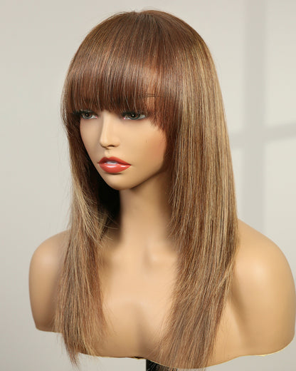 Margaret | 14" Caramel Brown with Blonde Highlights Layered with Bangs Swiss Lace Closure Wig - WS004