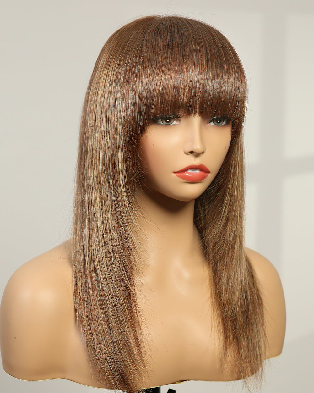 Margaret | 14" Caramel Brown with Blonde Highlights Layered with Bangs Swiss Lace Closure Wig - WS004