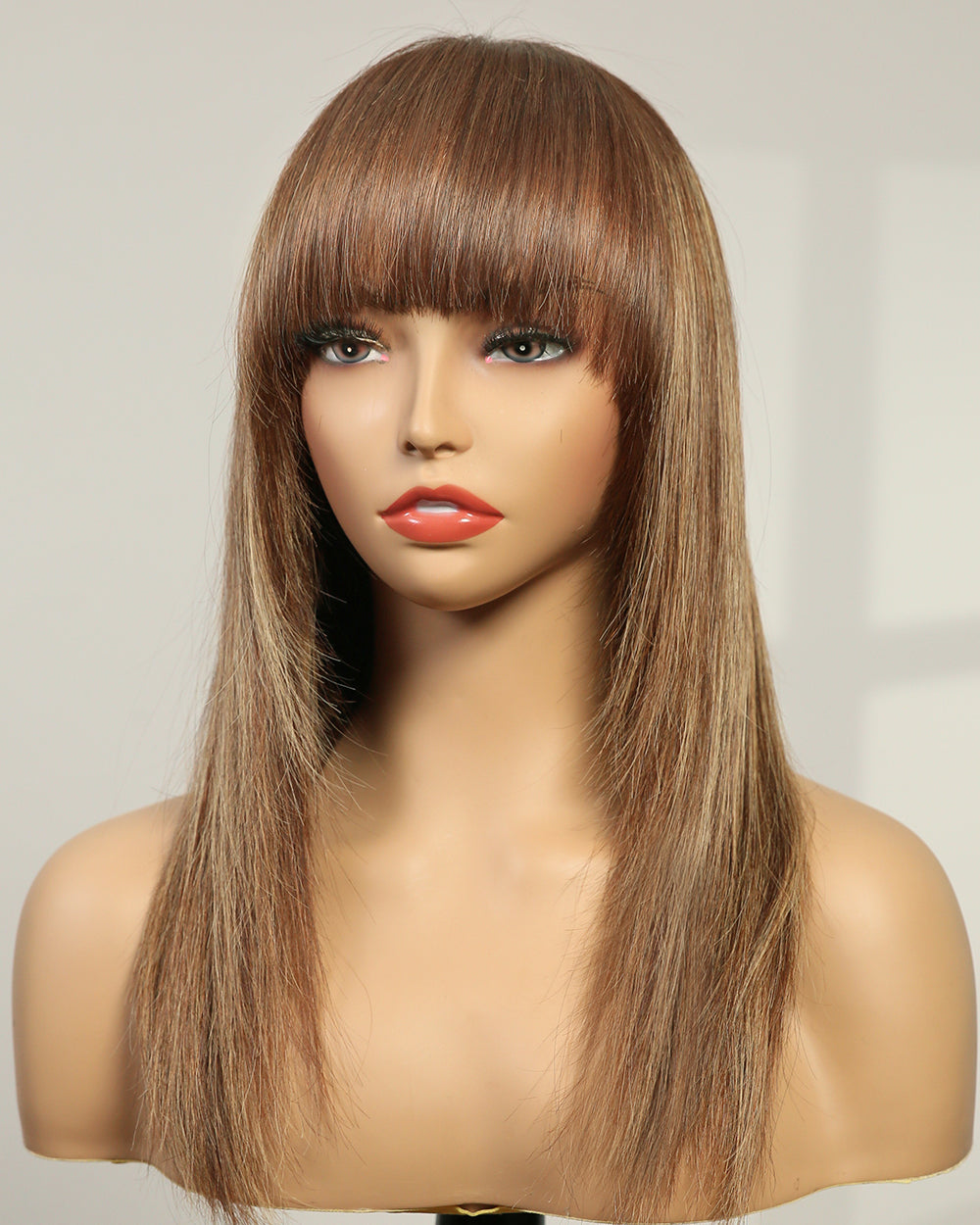 Margaret | 14" Caramel Brown with Blonde Highlights Layered with Bangs Swiss Lace Closure Wig - WS004