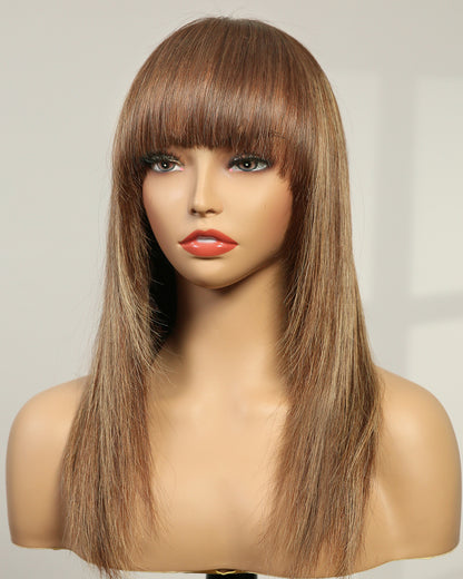 Margaret | 14" Caramel Brown with Blonde Highlights Layered with Bangs Swiss Lace Closure Wig - WS004