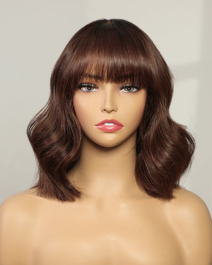 Maeve | 12" Chestnut Brown Ombre Wavy French Bob with Bangs Swiss Lace Front Wig - WB004