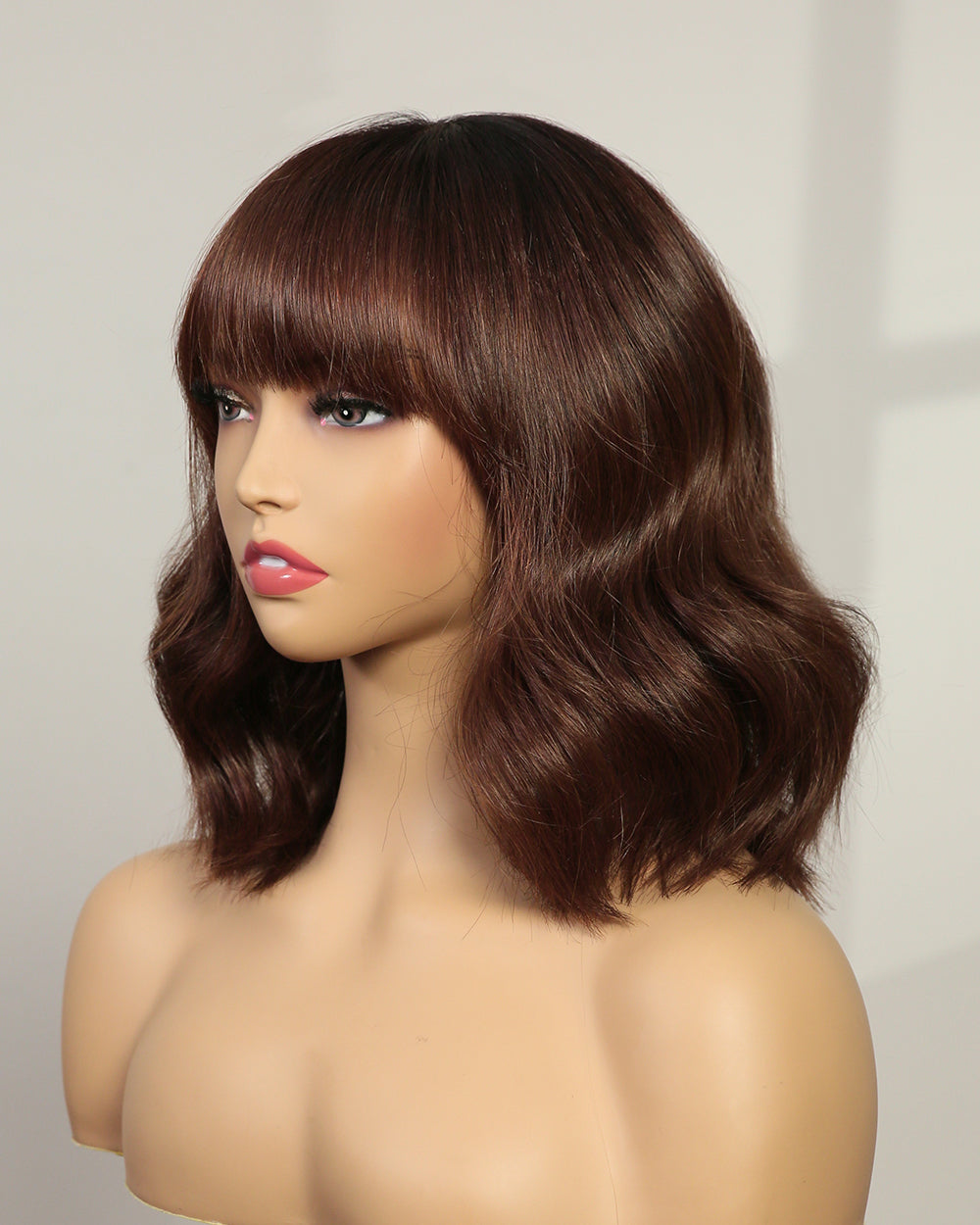 Maeve | 12" Chestnut Brown Ombre Wavy French Bob with Bangs Swiss Lace Front Wig - WB004