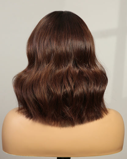 Maeve | 12" Chestnut Brown Ombre Wavy French Bob with Bangs Swiss Lace Front Wig - WB004