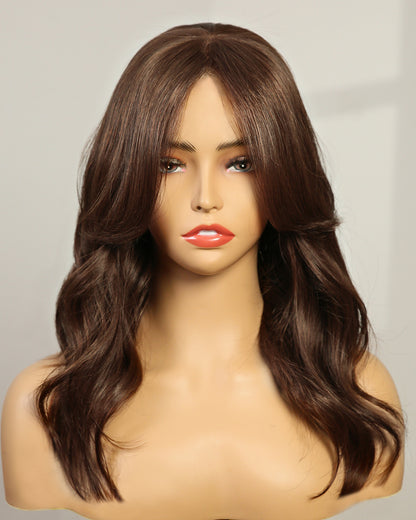 Adelaide | 14" Chocolate Brown Layered Wavy Bangs Swiss Lace Closure Wig - WW011