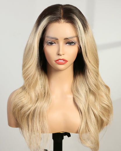 Giselle | 16" Dark Rooted Light Blonde Balayage Wavy Human Hair Swiss Lace Front Wig - WW012