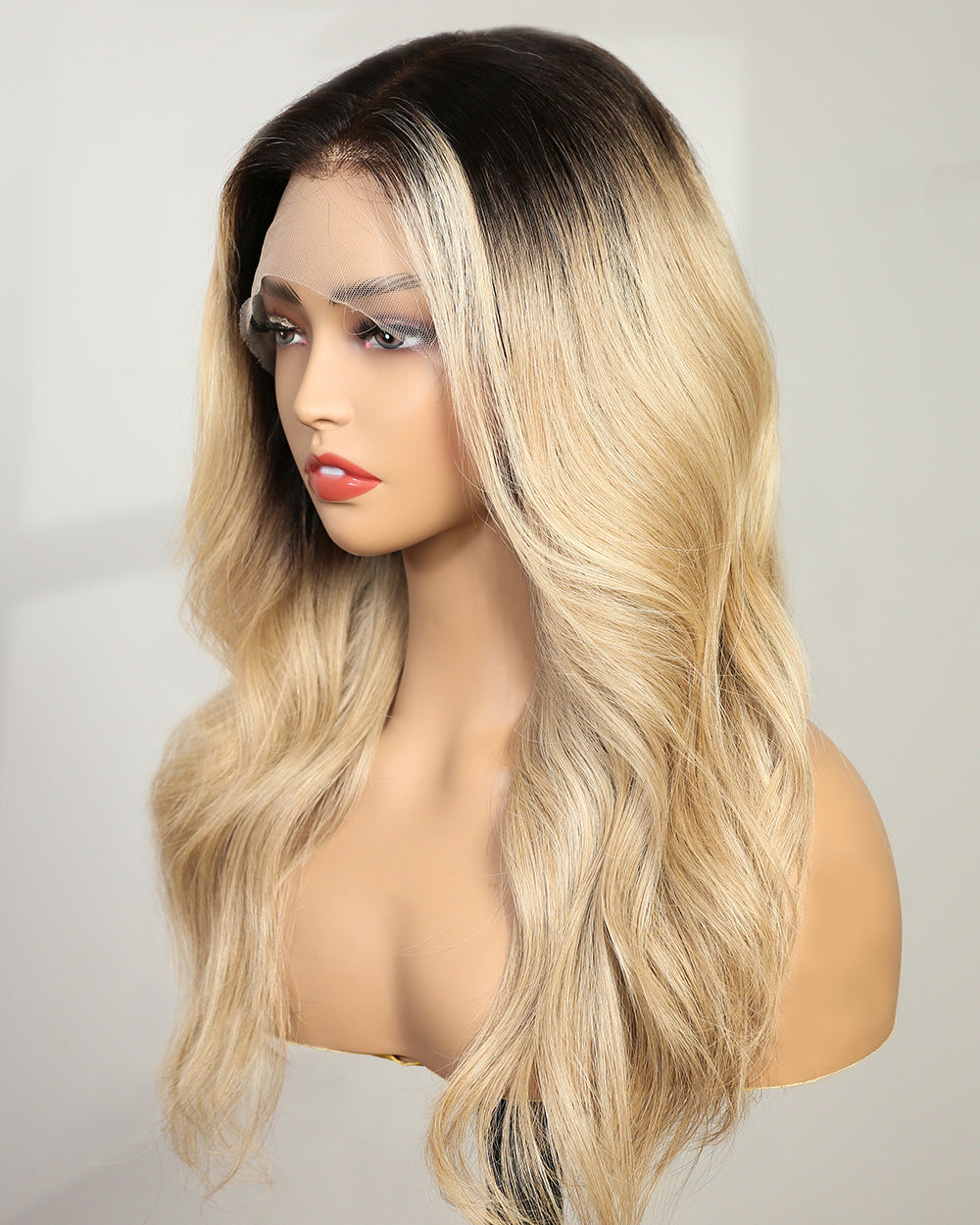 Giselle | 16" Dark Rooted Light Blonde Balayage Wavy Human Hair Swiss Lace Front Wig - WW012