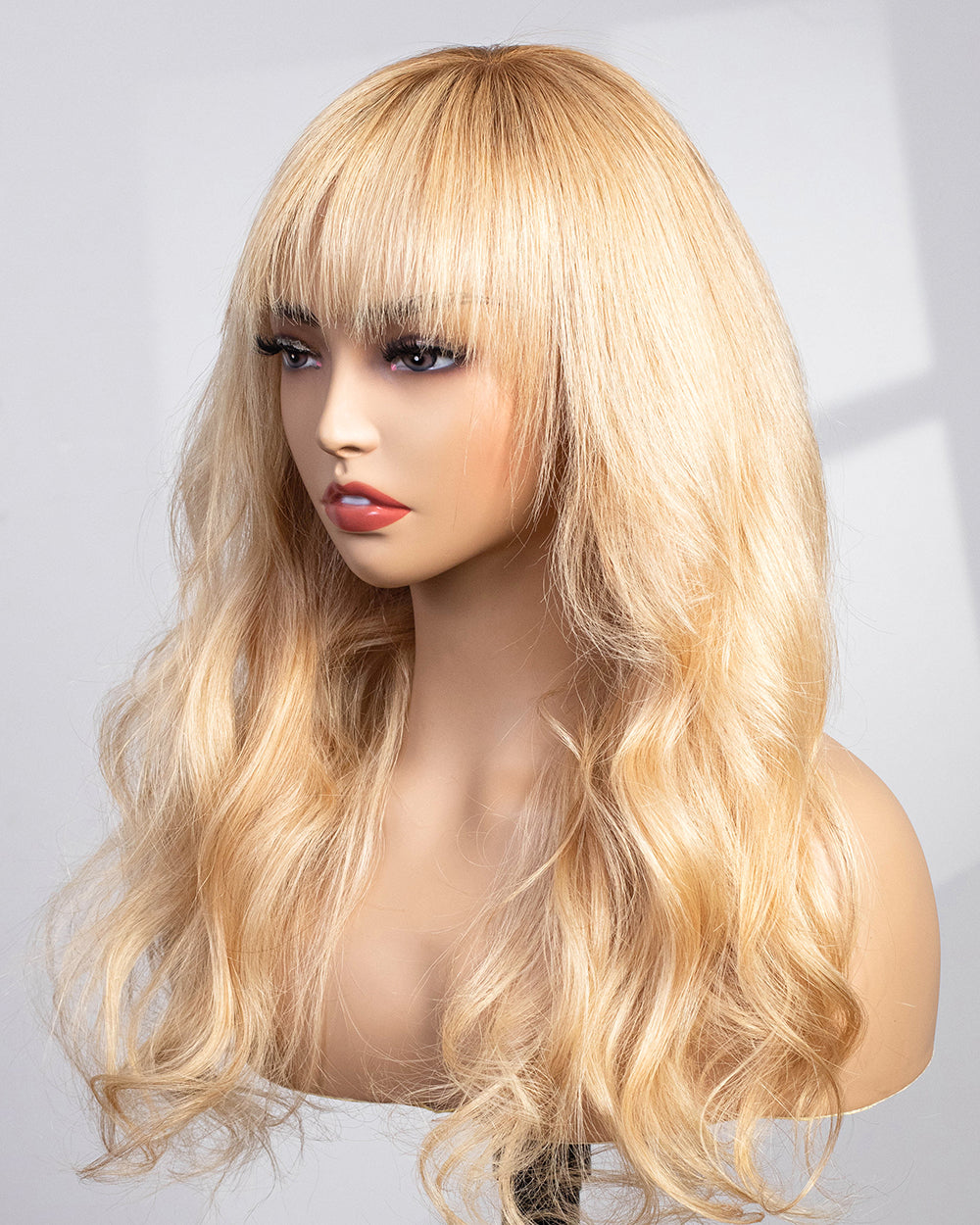 Gwendolyn | 18" Golden Blonde Wavy With Bangs Human Hair Swiss Lace Front Wig - WW008