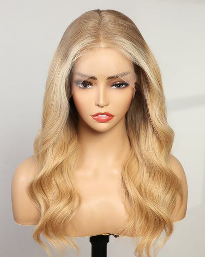 Tessa | 16" Honey Blonde Ombre Wavy Human Hair Swiss Lace Front Wig - WW013