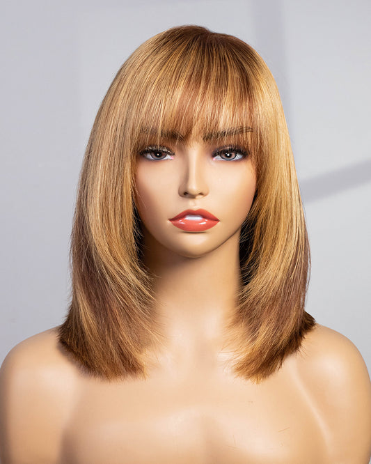 Rebecca | 12" Honey Blonde with Brown Highlights Straight Human Hair Swiss Lace Front Wig - WB001