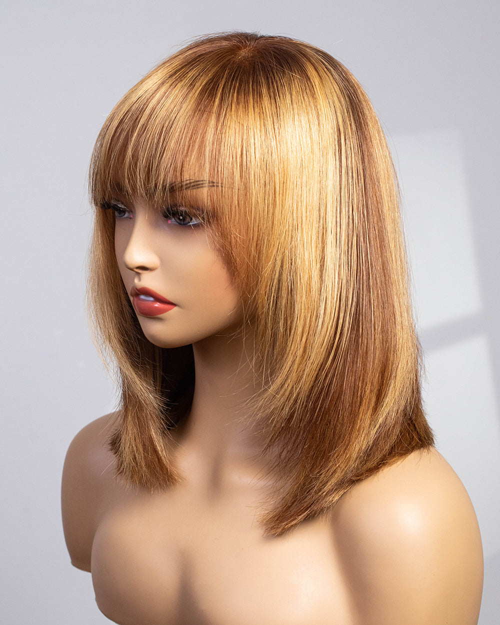 Rebecca | 12" Honey Blonde with Brown Highlights Straight Human Hair Swiss Lace Front Wig - WB001