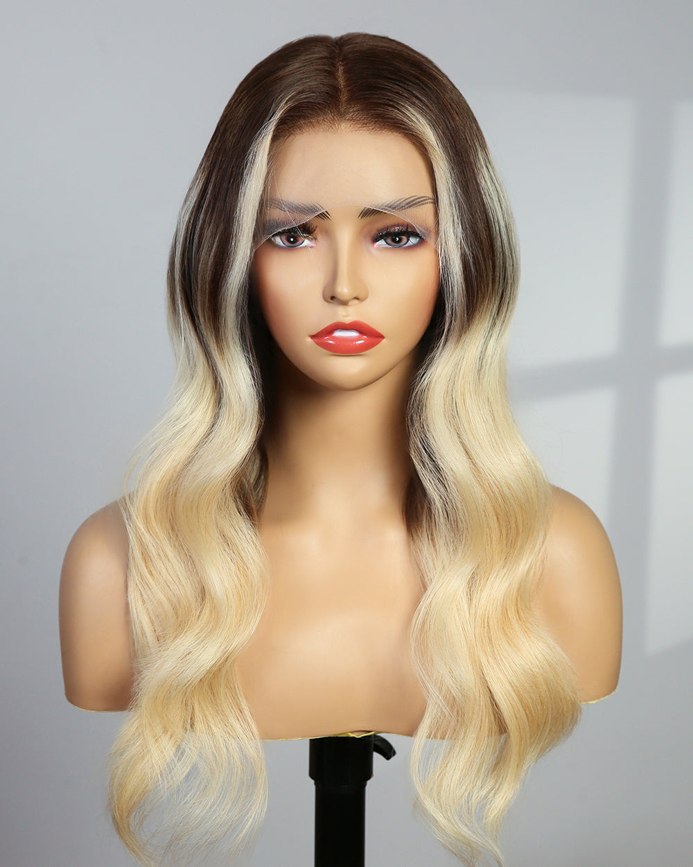 Sigrid | 16" Light Ash Blonde Hair Dark Roots Wavy Human Hair Swiss Lace Closure Wig - WW015