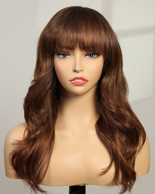 Fiona | 16" Light Chestnut Brown Layered Curtain Bangs Wavy Swiss Lace Front Wig - WW010