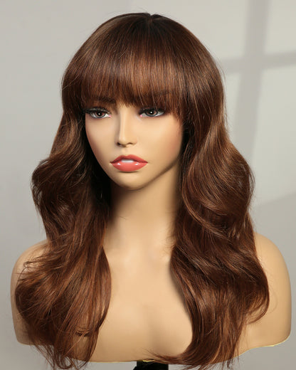 Fiona | 16" Light Chestnut Brown Layered Curtain Bangs Wavy Swiss Lace Front Wig - WW010