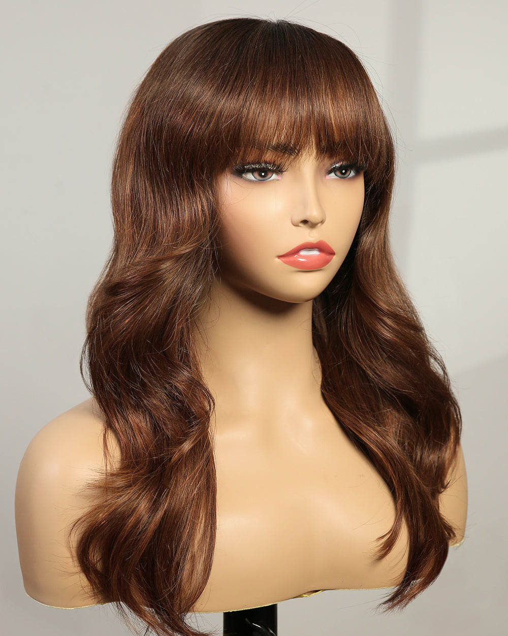 Fiona | 16" Light Chestnut Brown Layered Curtain Bangs Wavy Swiss Lace Front Wig - WW010