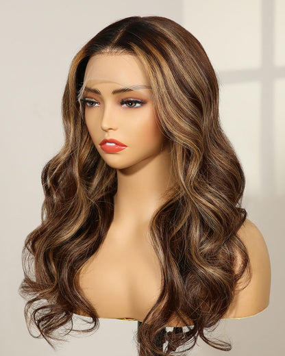 Clearance | 18 Inches Middle Part Wavy Ash Brown with Blonde Highlights Fully Hand-tied Wig - RTW-318