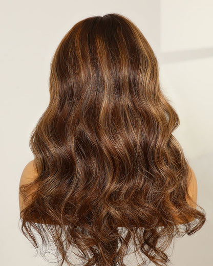 Clearance | 18 Inches Middle Part Wavy Ash Brown with Blonde Highlights Fully Hand-tied Wig - RTW-318