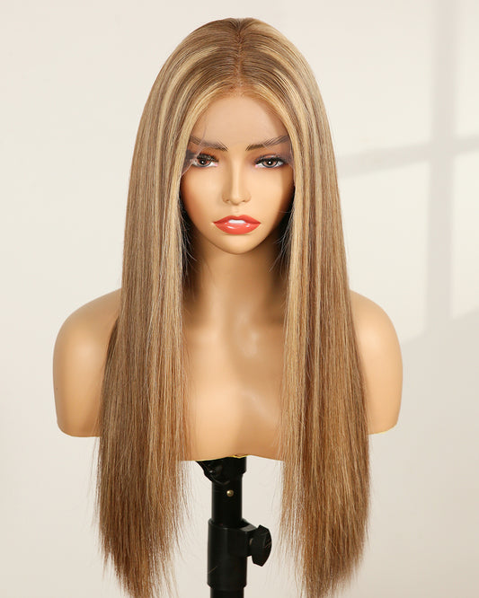 Luna | 20" Mushroom Blonde Balayage Straight Human Hair Maxipart Swiss Lace Closure Wig - WS001