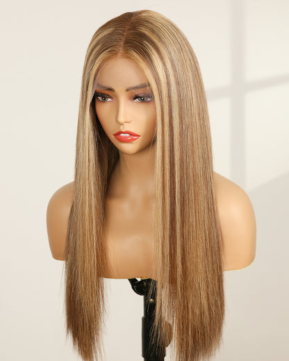 Luna | 20" Mushroom Blonde Balayage Straight Human Hair Maxipart Swiss Lace Closure Wig - WS001