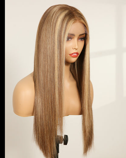 Luna | 20" Mushroom Blonde Balayage Straight Human Hair Maxipart Swiss Lace Closure Wig - WS001