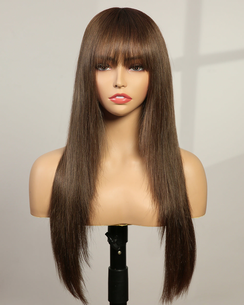 Harper | 20" Mushroom Brown Long Straight Layer Cuts Wispy Bangs Swiss Lace Front Wig - WS003