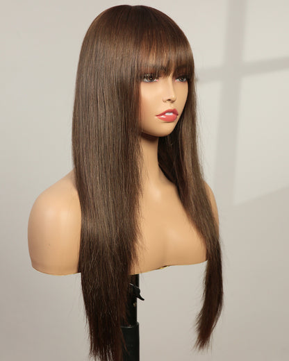 Harper | 20" Mushroom Brown Long Straight Layer Cuts Wispy Bangs Swiss Lace Front Wig - WS003