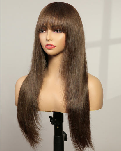 Harper | 20" Mushroom Brown Long Straight Layer Cuts Wispy Bangs Swiss Lace Front Wig - WS003