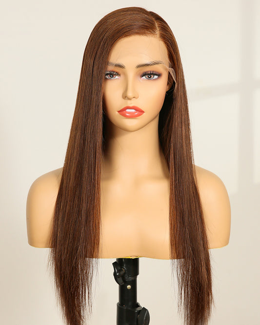 Isla | 20" Side Part Honey Brown Straight Human Hair Swiss Lace Front Wig - WS002