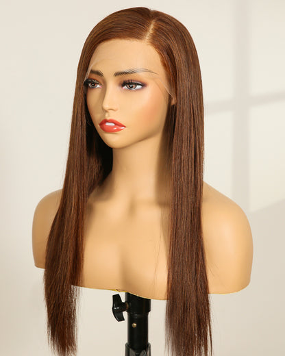 Isla | 20" Side Part Honey Brown Straight Human Hair Swiss Lace Front Wig - WS002