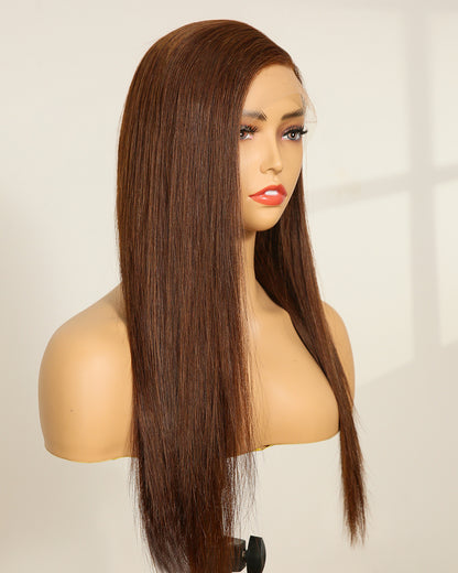 Isla | 20" Side Part Honey Brown Straight Human Hair Swiss Lace Front Wig - WS002