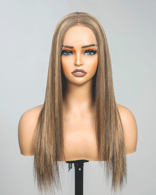 Aurora | 16" Blonde Highlights Straight Human Hair Swiss Lace Front Wig - WLS004