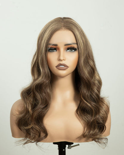 Eleanor | 16" Blonde Highlights Wavy Human Hair Swiss Lace Front Wig - WLW007