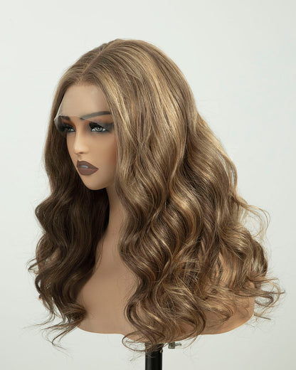 Eleanor | 16" Blonde Highlights Wavy Human Hair Swiss Lace Front Wig - WLW007