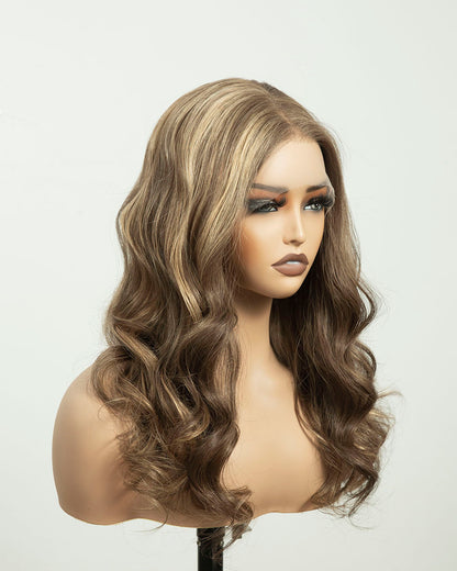 Eleanor | 16" Blonde Highlights Wavy Human Hair Swiss Lace Front Wig - WLW007