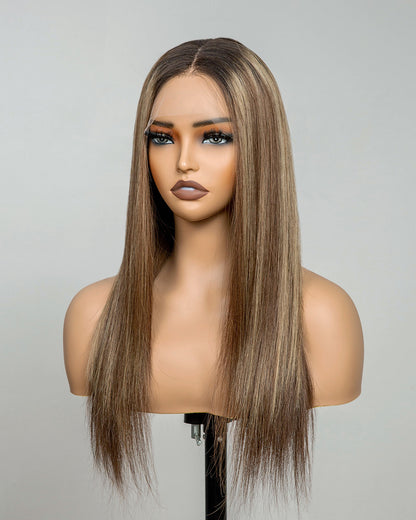 Madison | 16" Blonde Highlights Straight Human Hair Swiss Lace Front Wig - WLS003