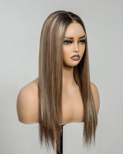 Madison | 16" Blonde Highlights Straight Human Hair Swiss Lace Front Wig - WLS003