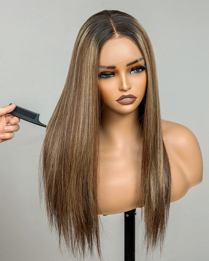 Madison | 16" Blonde Highlights Straight Human Hair Swiss Lace Front Wig - WLS003