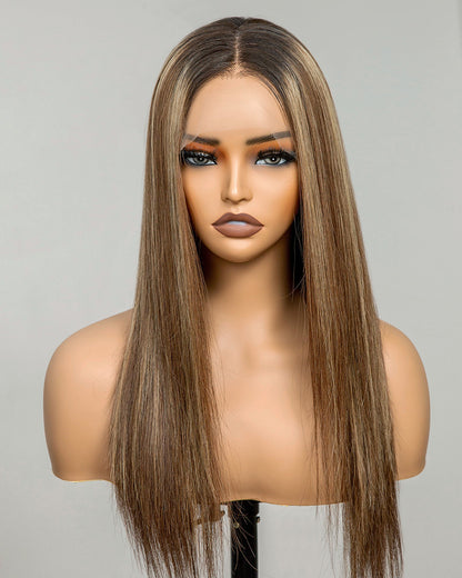 Madison | 16" Blonde Highlights Straight Human Hair Swiss Lace Front Wig - WLS003