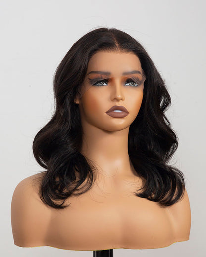 Scarlett | 14" Black Wavy Human Hair Swiss Lace Front Wig - WLW004